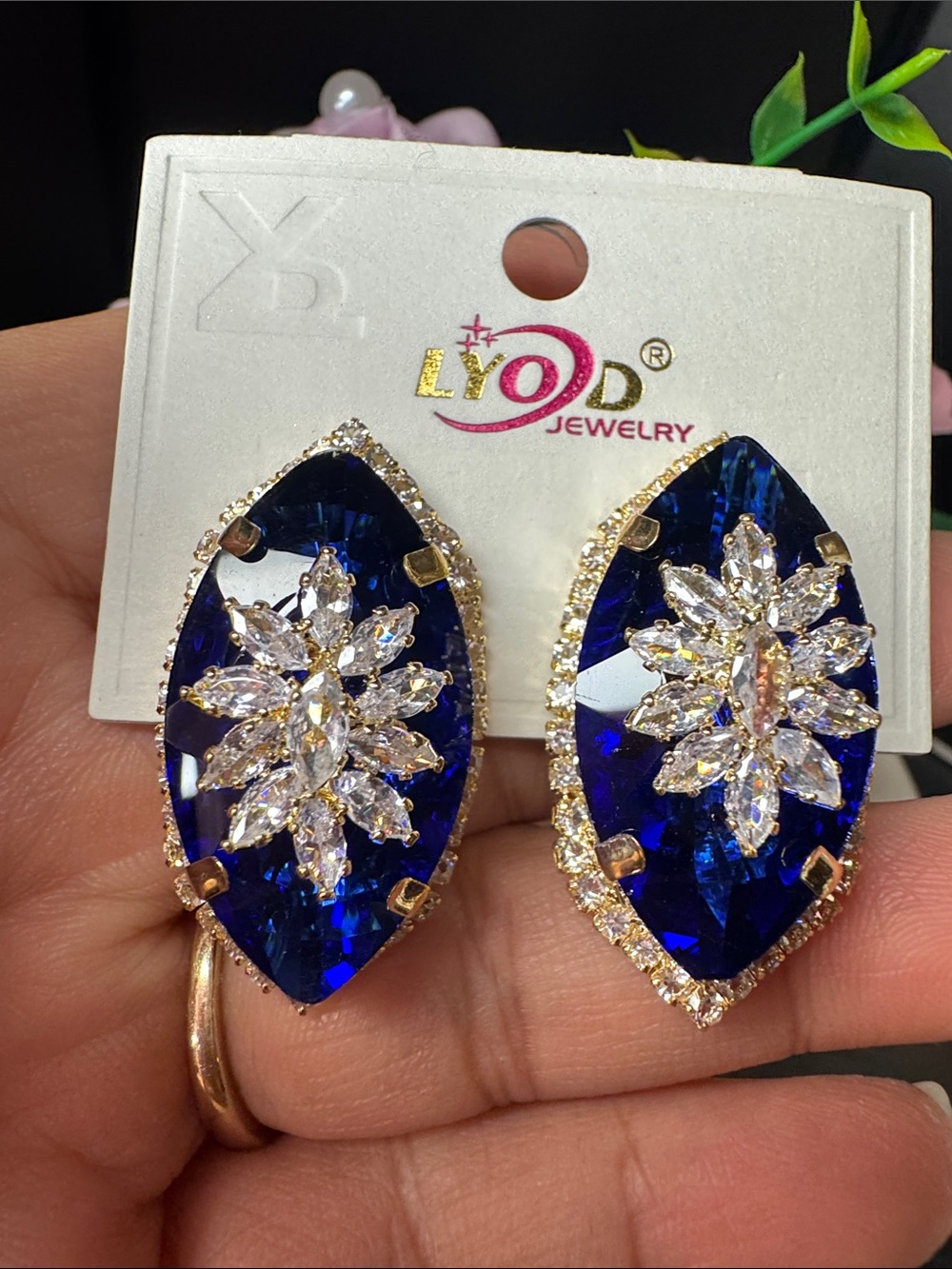 Royal Blue Crystal Floral Statement Earrings